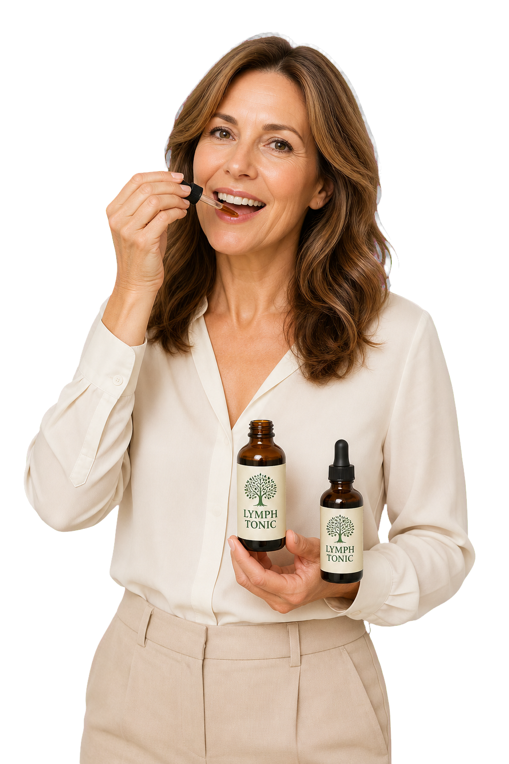 Woman using Lymph Tonic herbal liquid drops